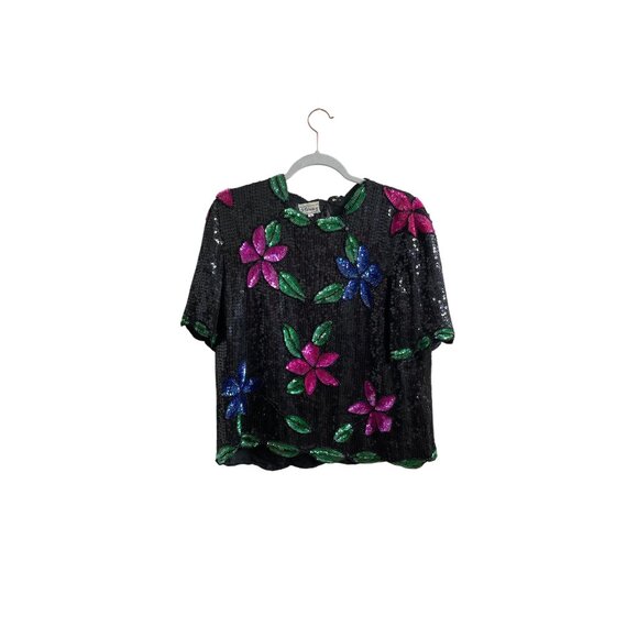Vintage Stenay Black Sequin Floral Top With Pink Green & Blue Embellishments Sho - Picture 1 of 10